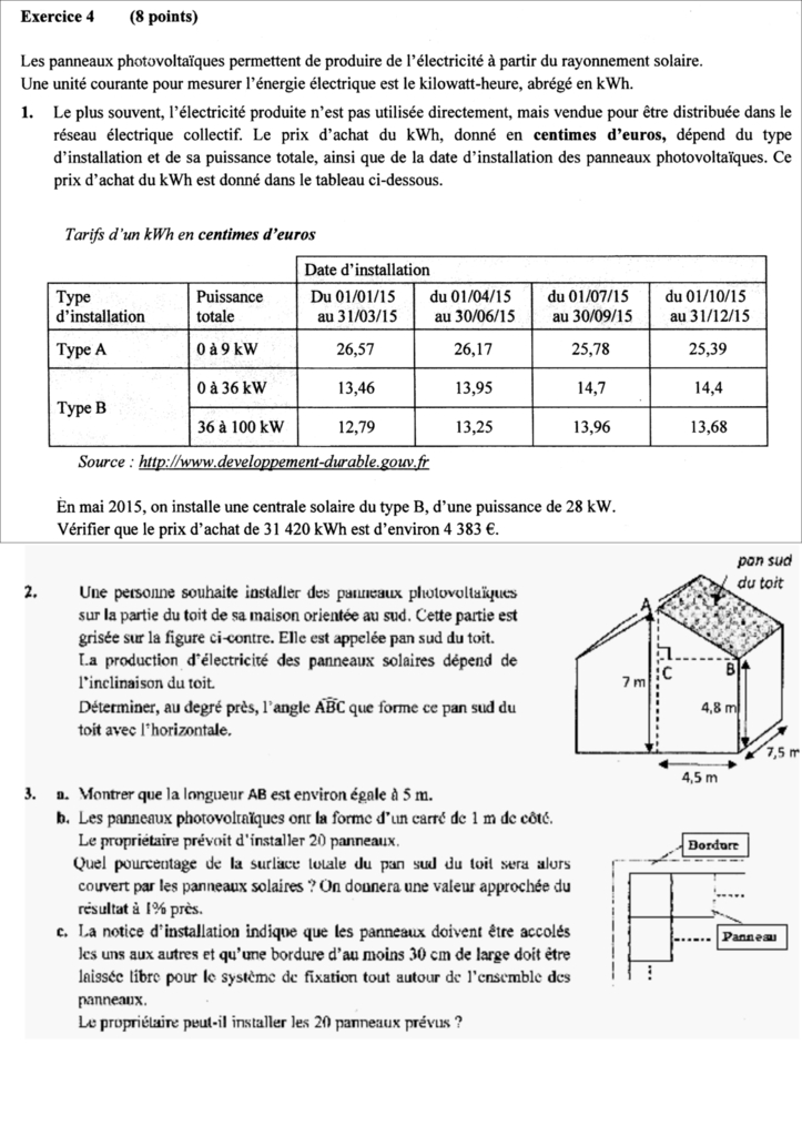 Exercice panneau solaire maths