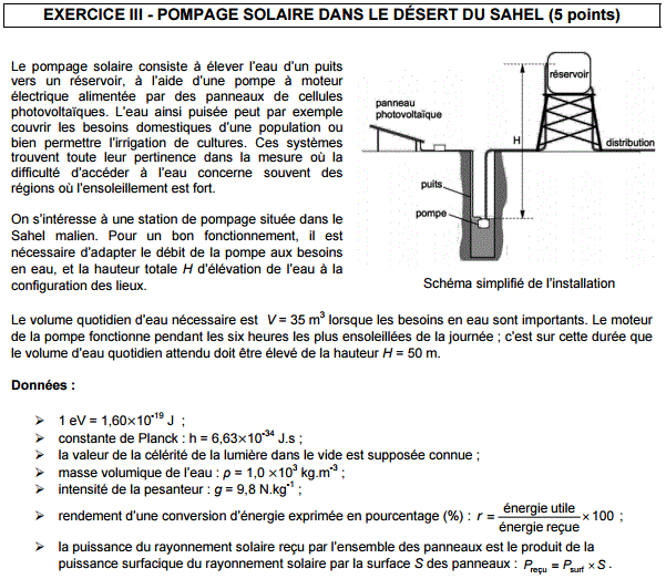 Sujet bac panneau solaire
