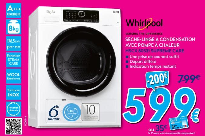 Sèche linge pompe à chaleur whirlpool hscx 80531 supreme care